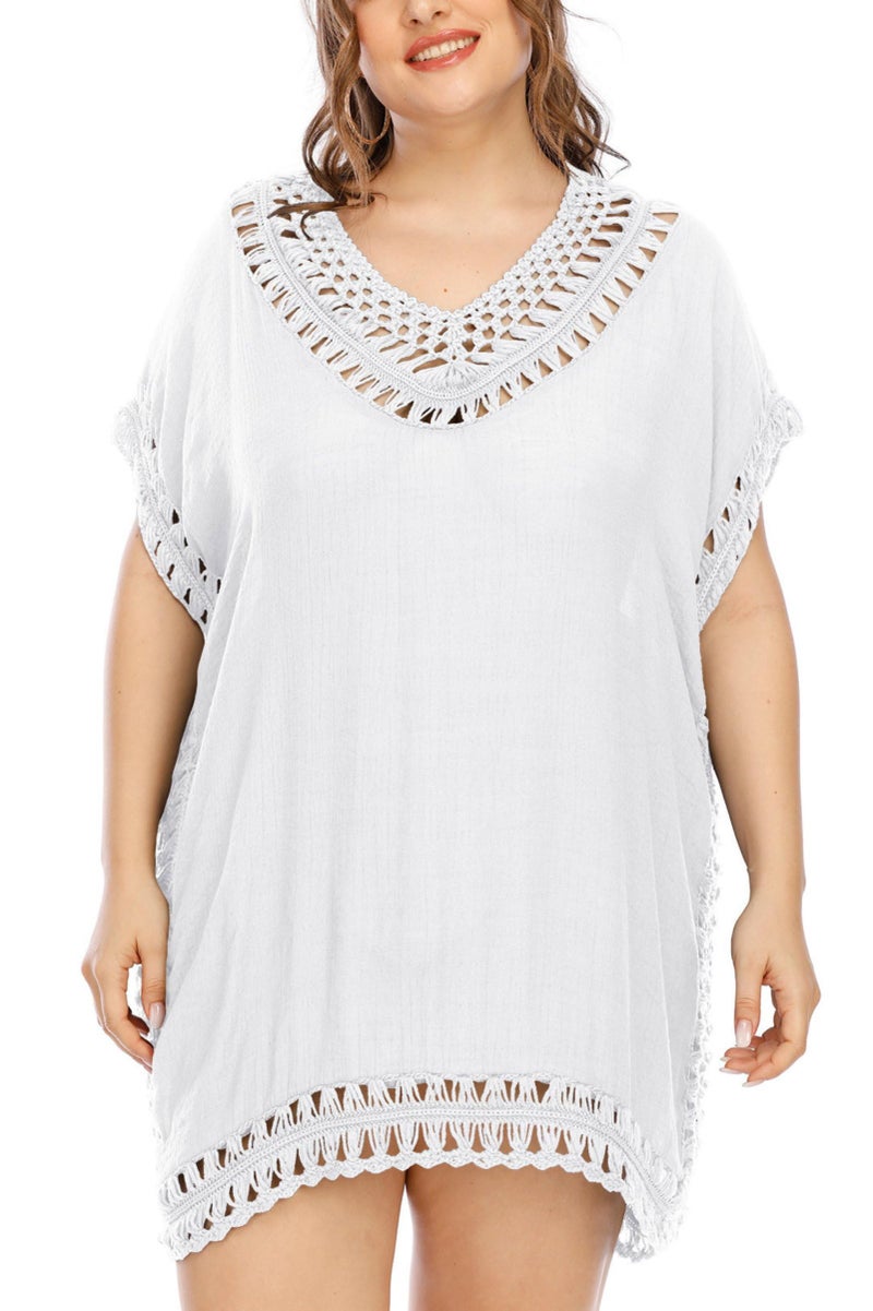 Adisputent Swimsuit Cover Ups for Women Mesh Beach Cover Ups Crochet Chiffon Tassel Bathing Suit Bikini Swim Wear Coverups Dress (White-Plus) - Image 5